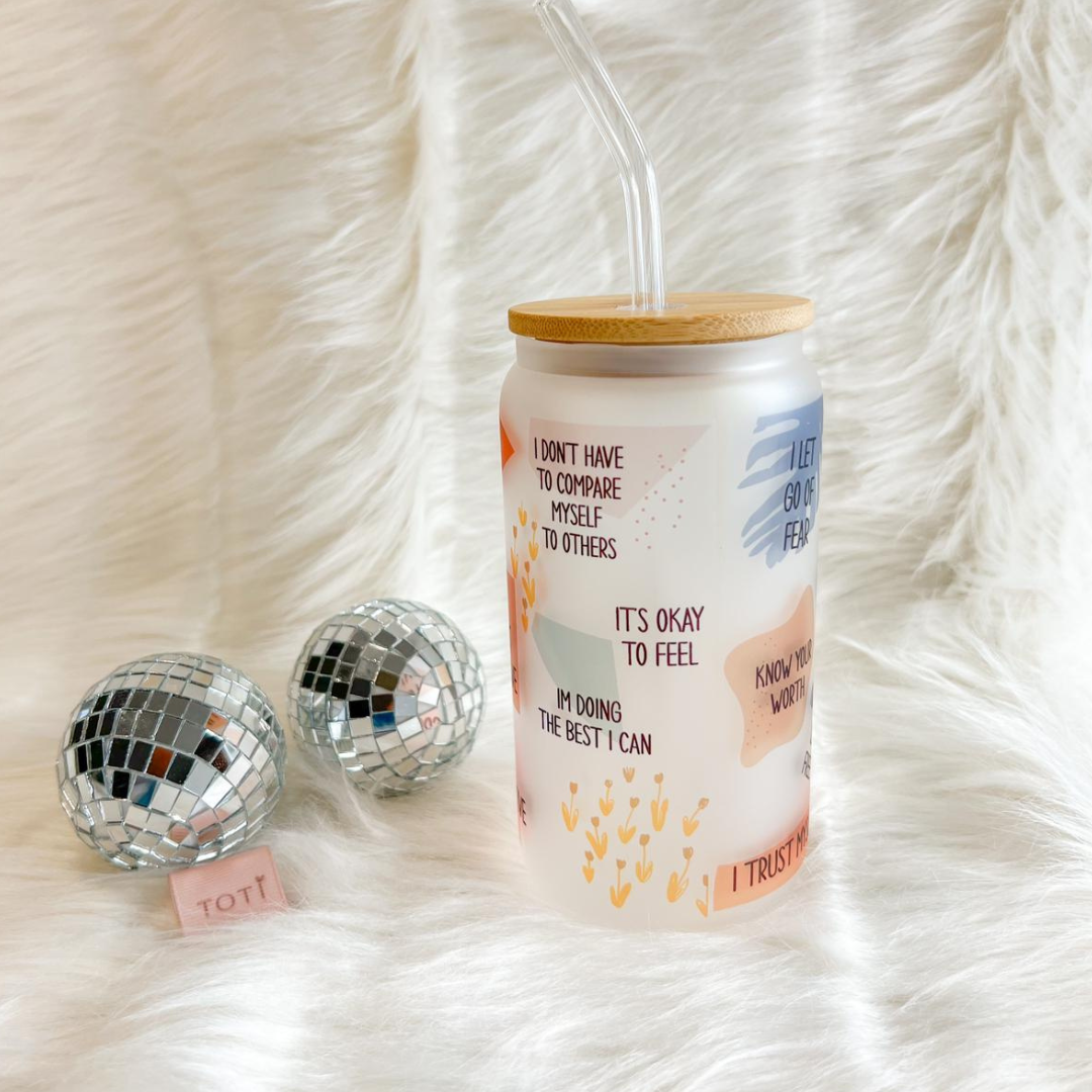 Affirmations - 16 oz Glass iced coffee Cup
