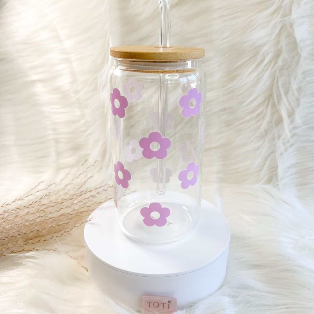 Purple Flowers - 16 oz Glass Iced Coffee Cup