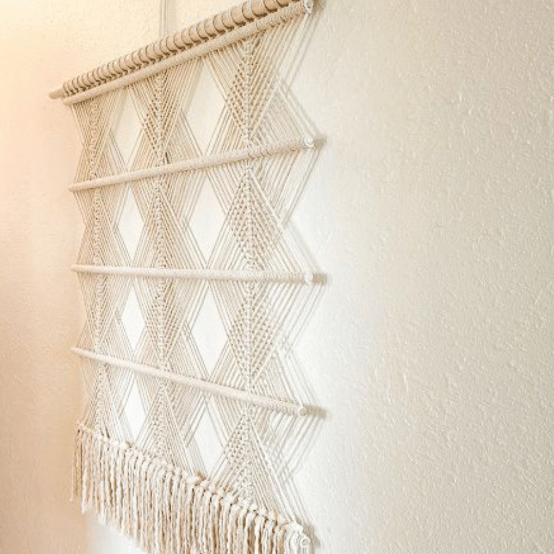 Macrame Wall Hanging Boho Decor Fiber Wall Art Abstract Macrame Long Tapestry For Stairwell Decoration, Diagonal Squares
