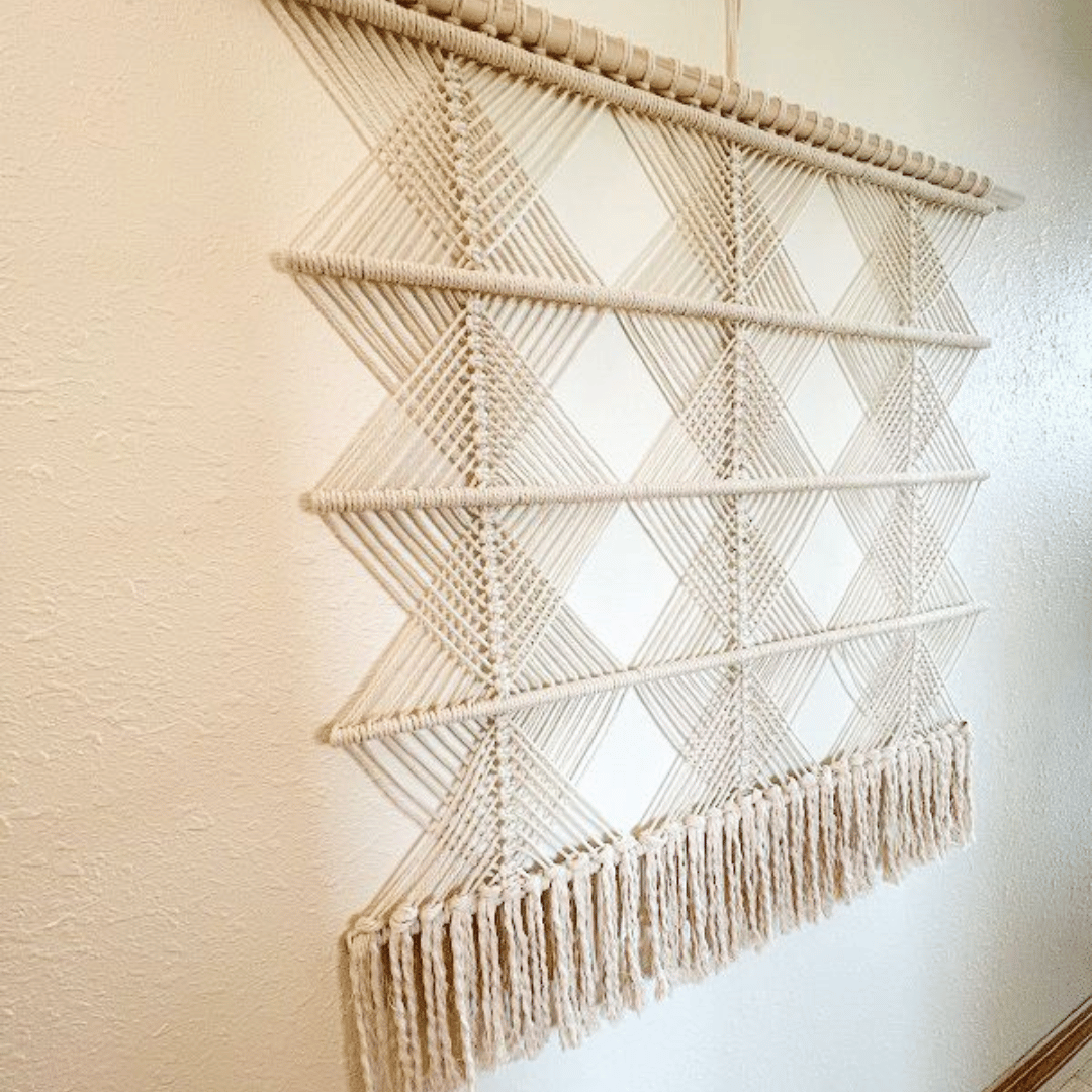 Macrame Wall Hanging Boho Decor Fiber Wall Art Abstract Macrame Long Tapestry For Stairwell Decoration, Diagonal Squares