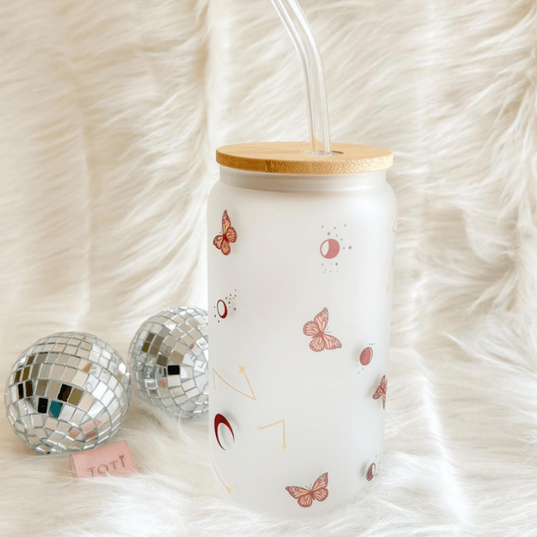16 oz Iced coffee cup, with Lid & Straw, Glass iced coffee tumbler, Beer Can Glass, Stardust
