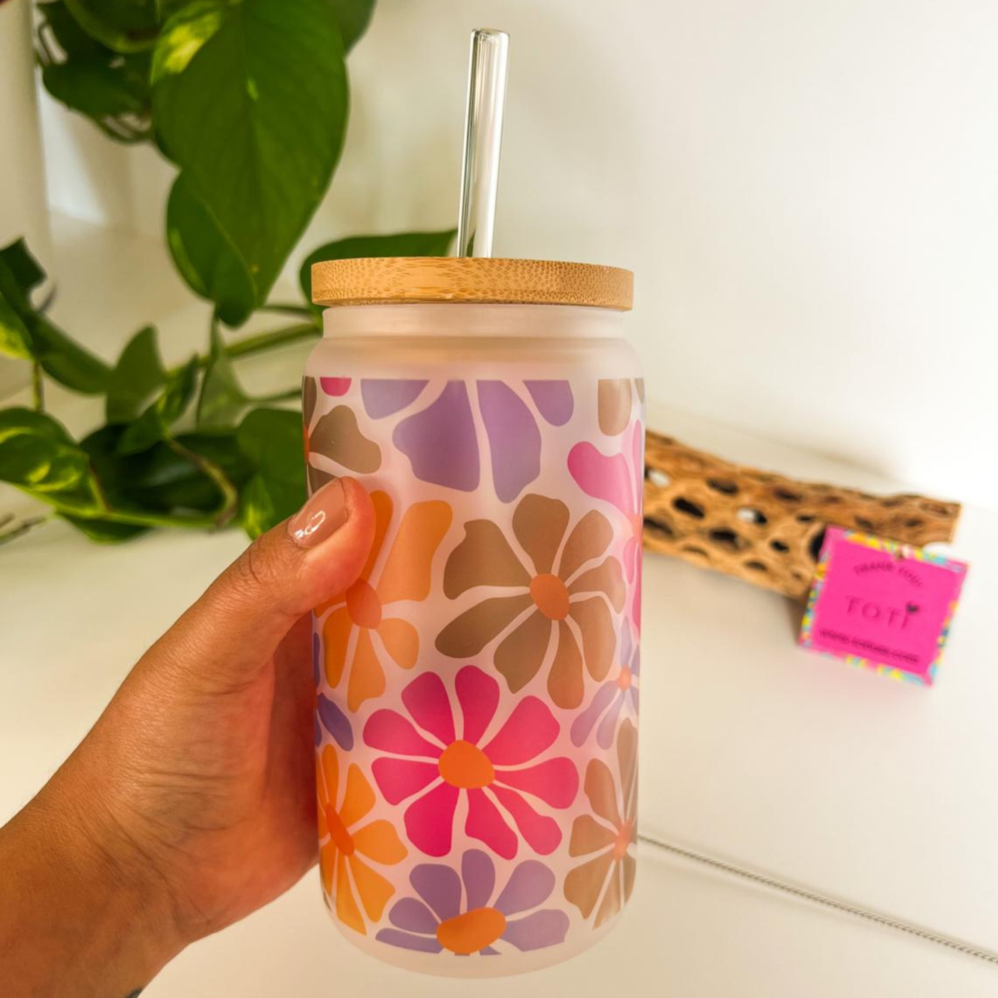 Vase Flowers - 16 oz Glass iced coffee Cup