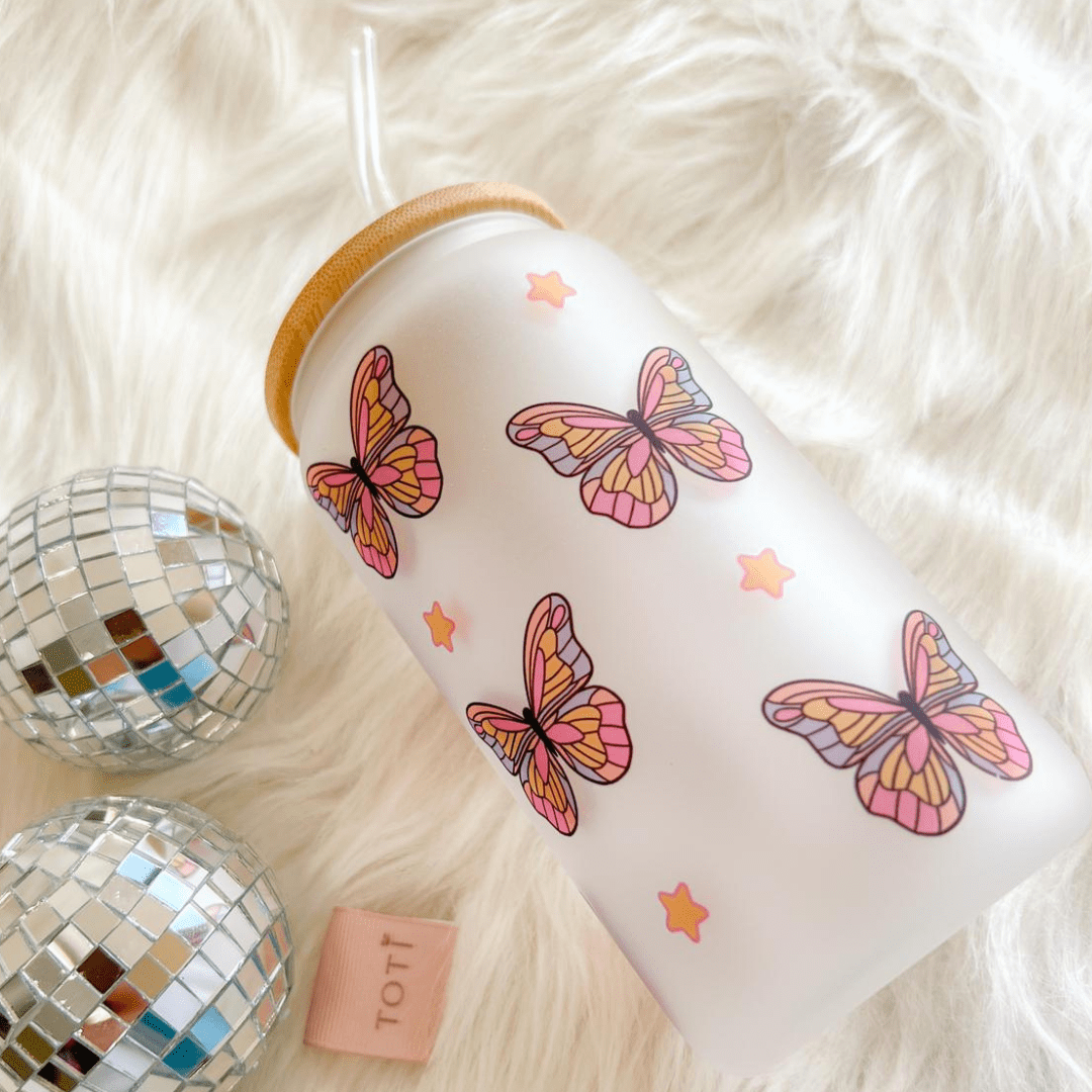 16 oz Iced coffee cup, with Lid & Straw, Glass iced coffee tumbler, Beer Can Glass, Butterfly