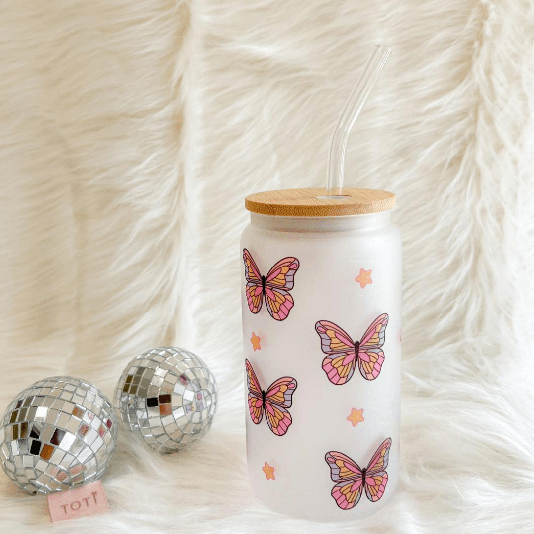 16 oz Iced coffee cup, with Lid & Straw, Glass iced coffee tumbler, Beer Can Glass, Butterfly