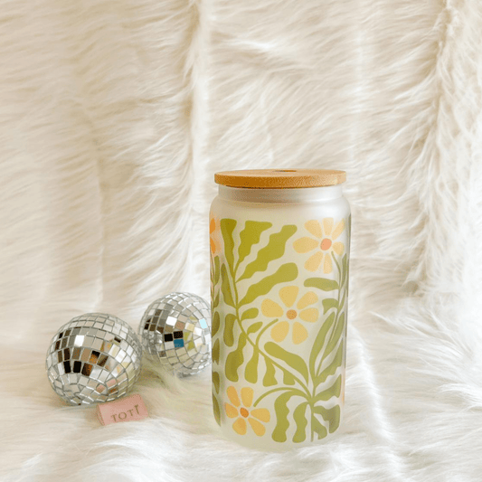 16 oz Iced coffee cup, with Lid & Straw, Glass iced coffee tumbler, Beer Can Glass, Yellow flower