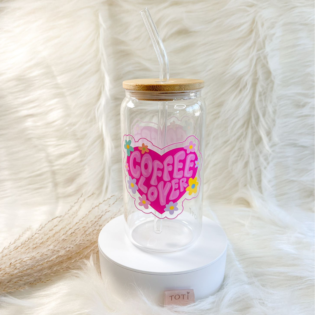16 oz Iced coffee cup, with Lid & Straw, Glass iced coffee tumbler, Beer Can Glass, Coffee Lover