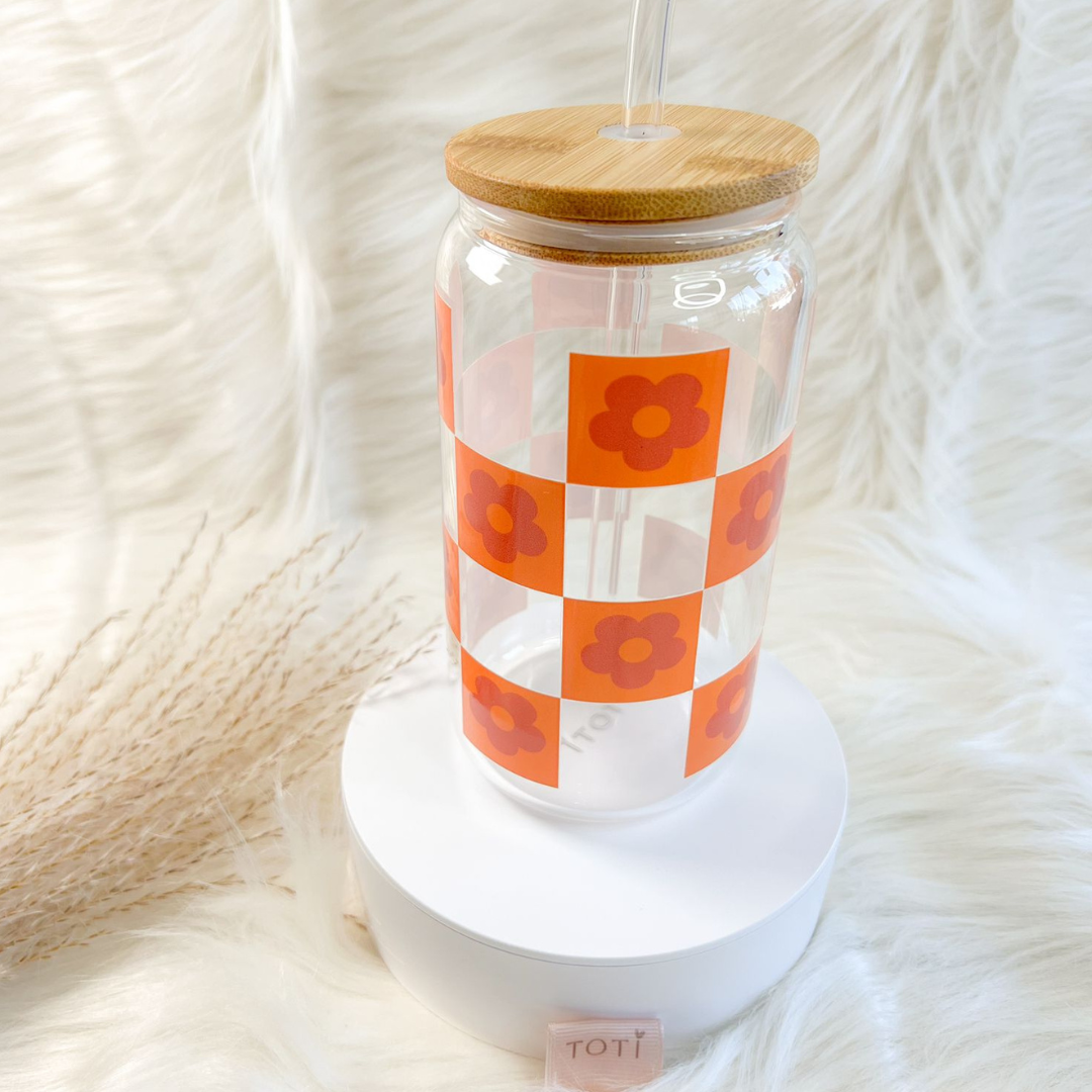 16 oz Iced coffee cup, with Lid & Straw, Glass iced coffee tumbler, Beer Can Glass, Orange Flower