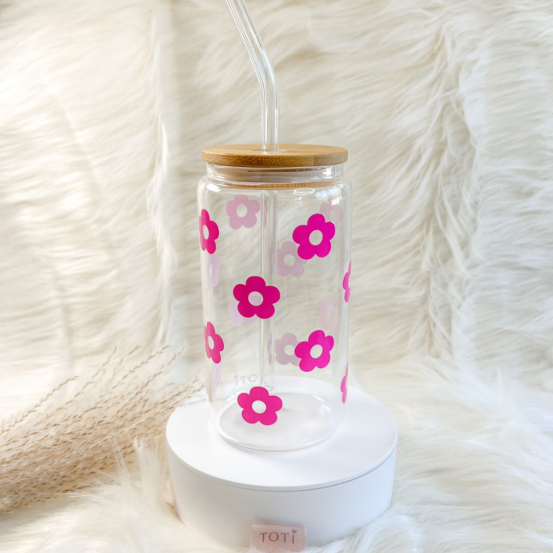 16 oz Iced coffee cup, with Lid & Straw, Glass iced coffee tumbler, Beer Can Glass, Pink Flower