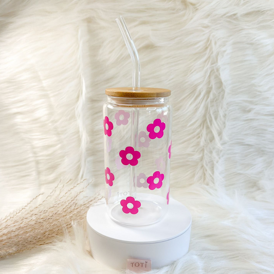 16 oz Iced coffee cup, with Lid & Straw, Glass iced coffee tumbler, Beer Can Glass, Pink Flower