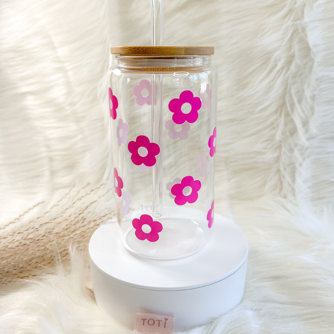 16 oz Iced coffee cup, with Lid & Straw, Glass iced coffee tumbler, Beer Can Glass, Pink Flower