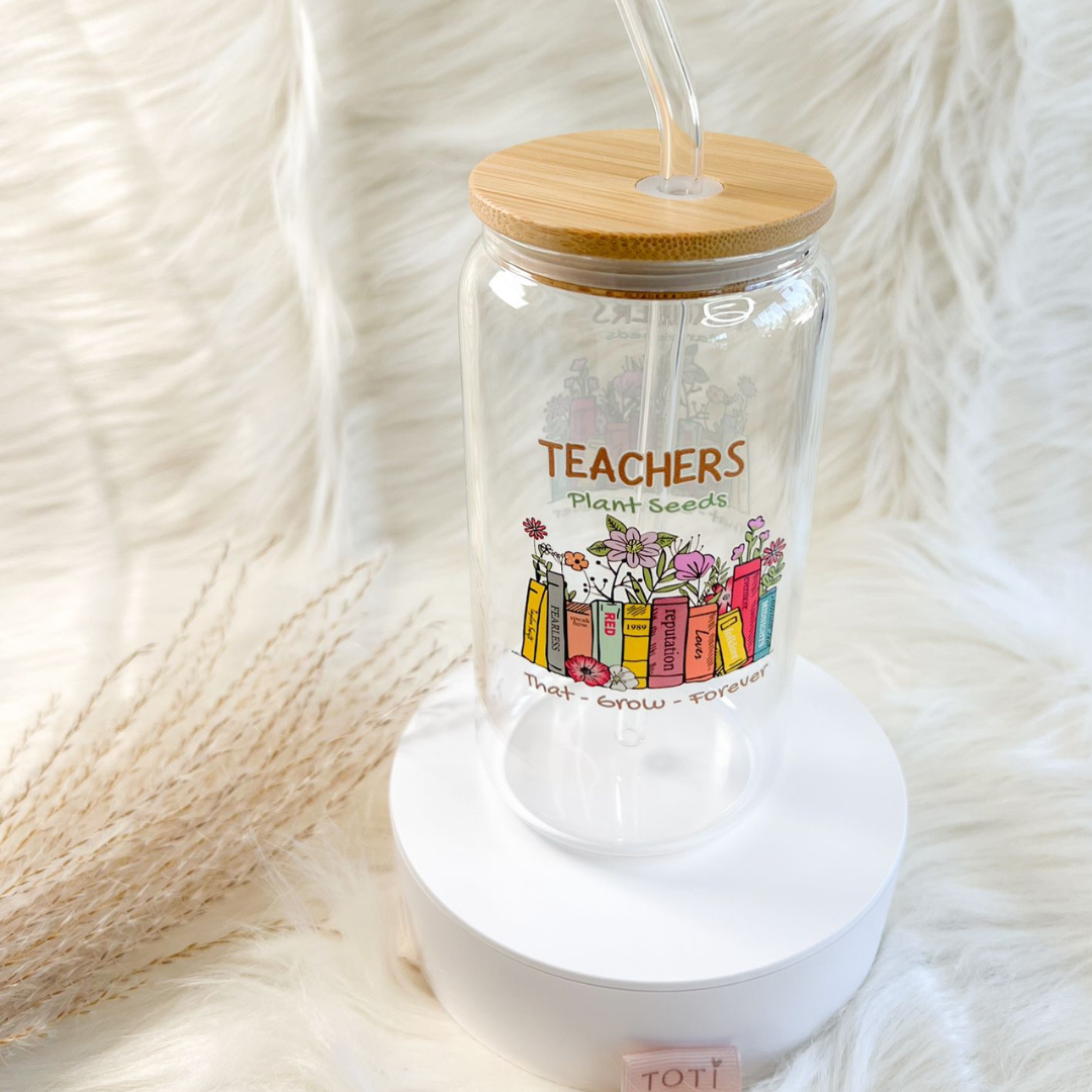 16 oz Iced coffee cup, with Lid & Straw, Glass iced coffee tumbler, Beer Can Glass,Teachers