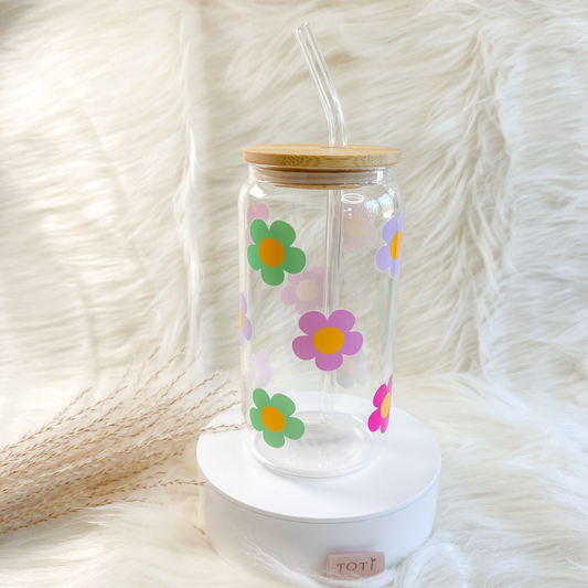 16 oz Iced coffee cup, with Lid & Straw, Glass iced coffee tumbler, Beer Can Glass, Spring Flower