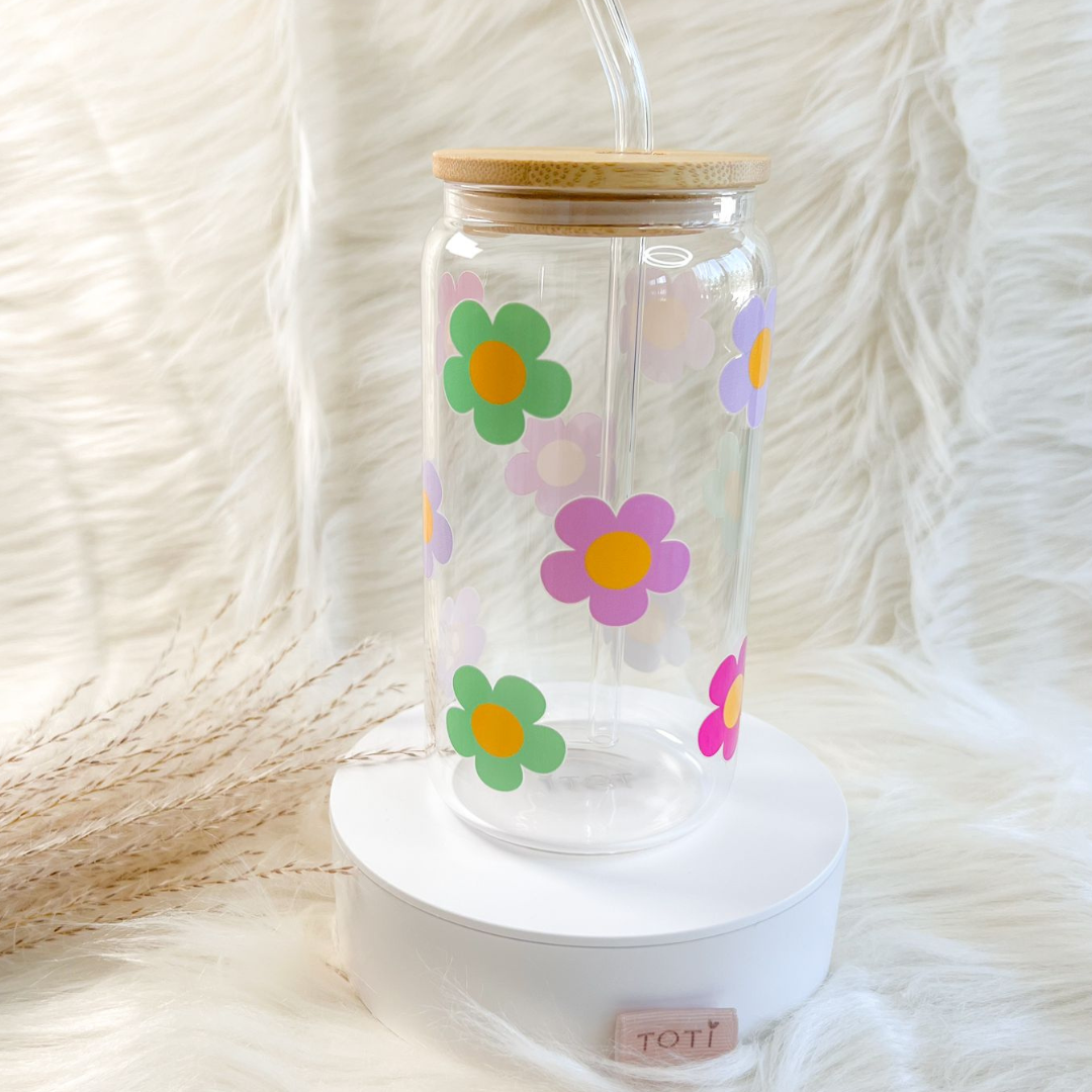 16 oz Iced coffee cup, with Lid & Straw, Glass iced coffee tumbler, Beer Can Glass, Spring Flower