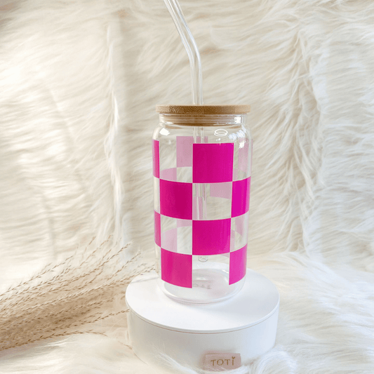 16 oz Iced coffee cup, with Lid & Straw, Glass iced coffee tumbler, Beer Can Glass, Fuchsia Checkered Retro