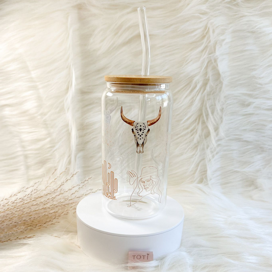 16 oz Iced coffee cup, with Lid & Straw, Glass iced coffee tumbler, Beer Can Glass,Cow Girl