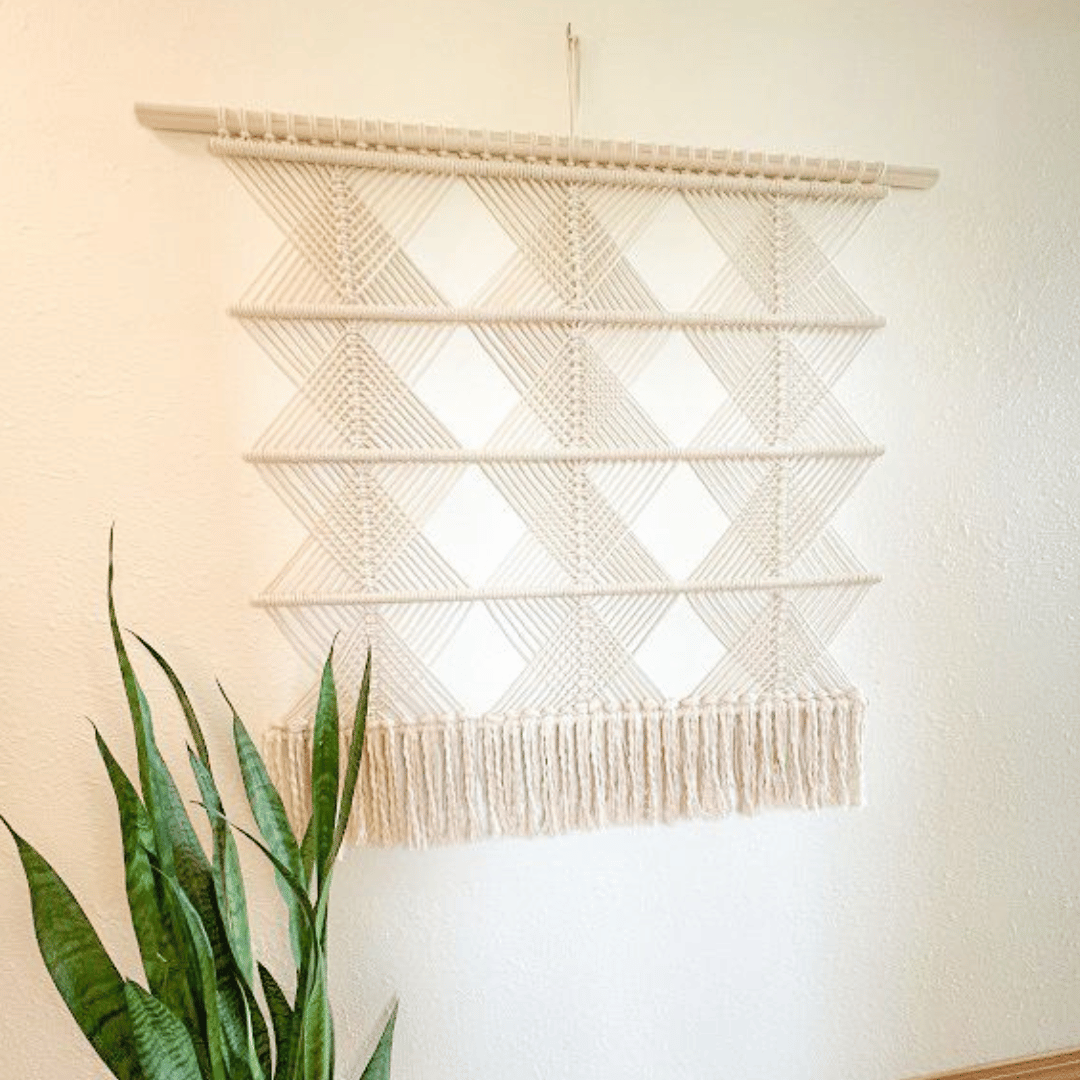 Macrame Wall Hanging Boho Decor Fiber Wall Art Abstract Macrame Long Tapestry For Stairwell Decoration, Diagonal Squares