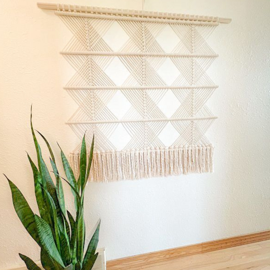 Macrame Wall Hanging Boho Decor Fiber Wall Art Abstract Macrame Long Tapestry For Stairwell Decoration, Diagonal Squares