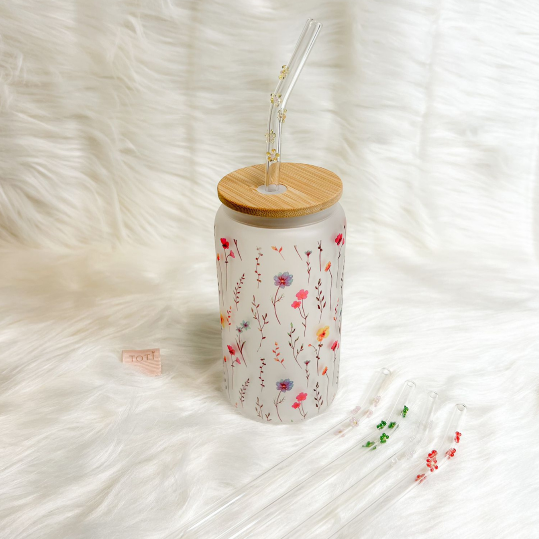 16 oz Iced coffee cup, with Lid & Straw, Glass iced coffee tumbler, Beer Can Glass,Flowers Aesthetic