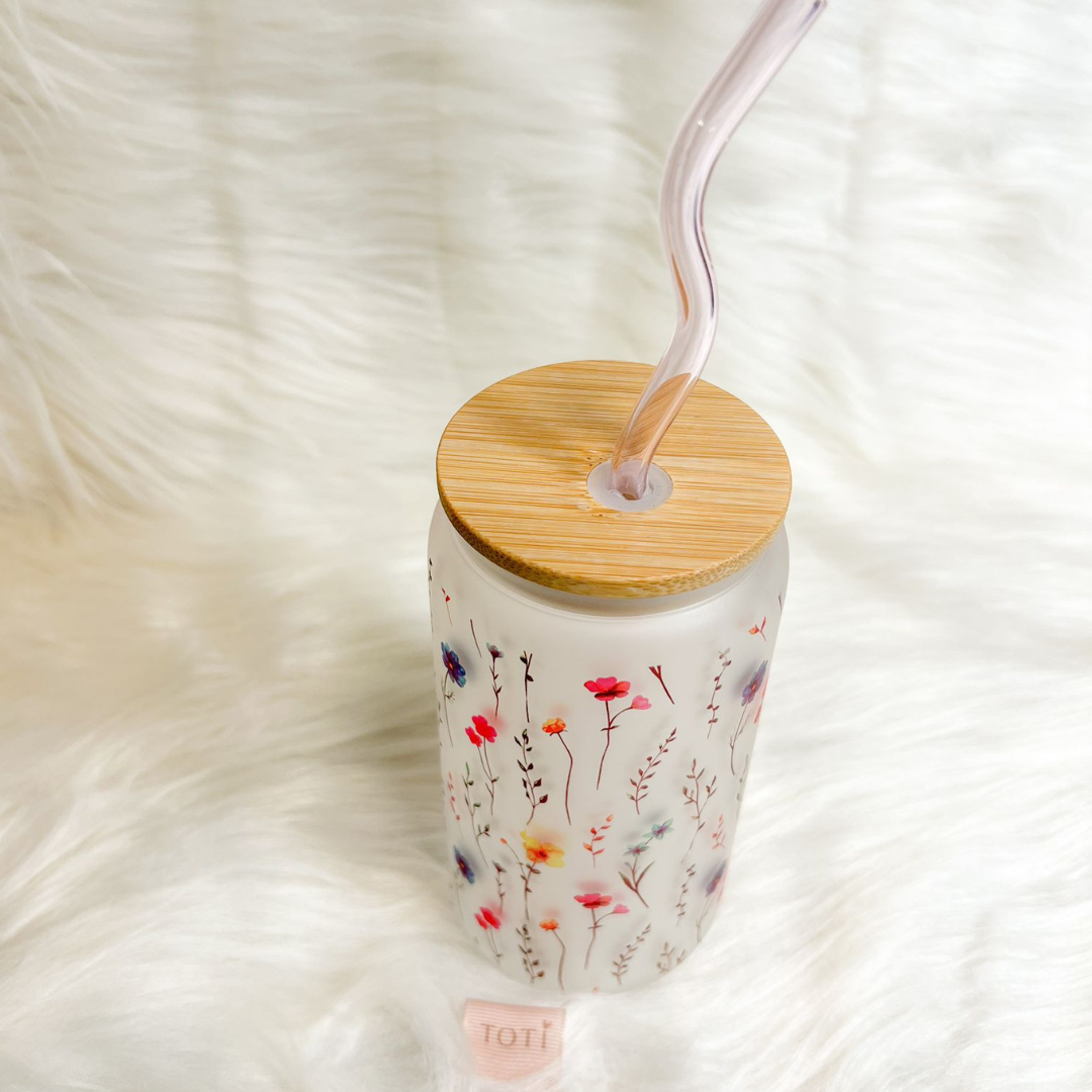 16 oz Iced coffee cup, with Lid & Straw, Glass iced coffee tumbler, Beer Can Glass,Flowers Aesthetic