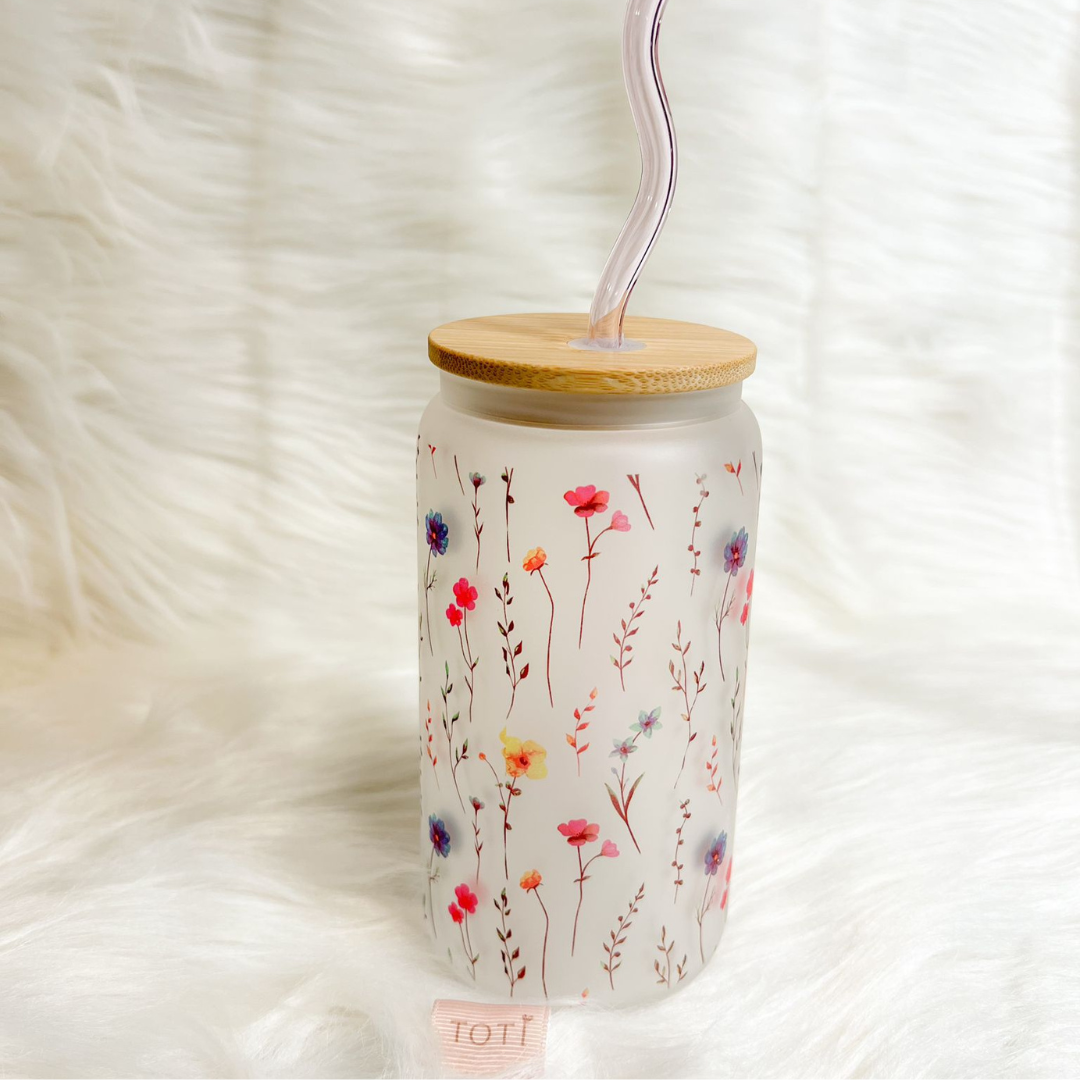 16 oz Iced coffee cup, with Lid & Straw, Glass iced coffee tumbler, Beer Can Glass,Flowers Aesthetic