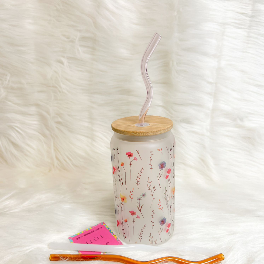 16 oz Iced coffee cup, with Lid & Straw, Glass iced coffee tumbler, Beer Can Glass,Flowers Aesthetic