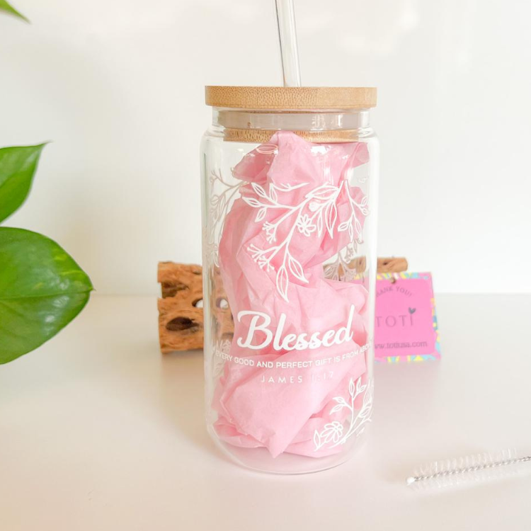 Blessed - 16 oz Glass Iced coffee cup