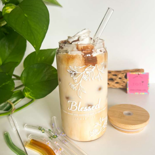 Blessed - 16 oz Glass Iced coffee cup