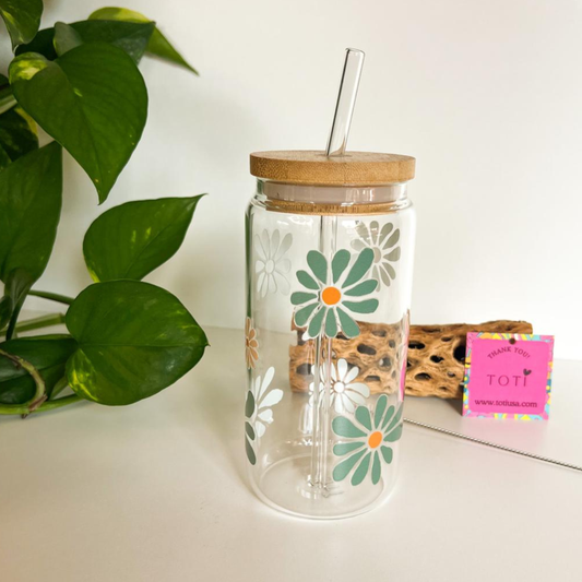 Groovy Flowers - 16 oz  Glass Iced Coffee Cup