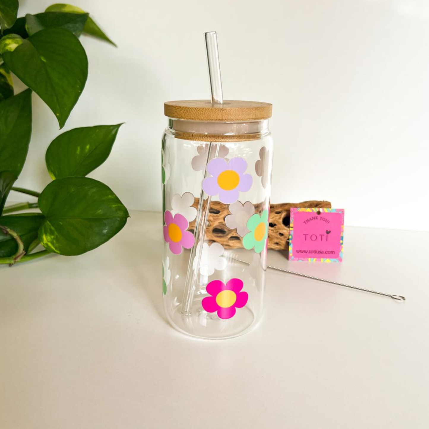 Happy Spring Flowers  -  16 oz  Glass iced coffee Cup
