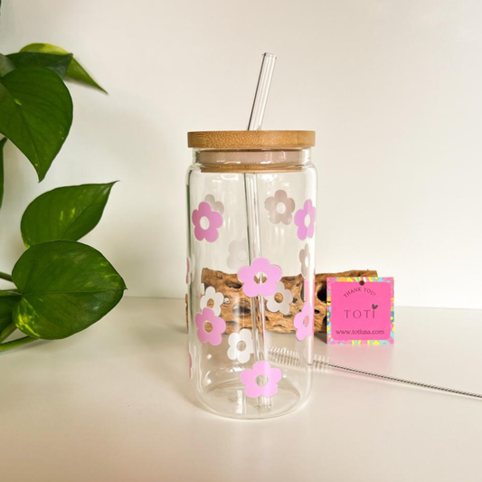 Purple Flowers -  16 oz  Glass Iced Coffee Cup